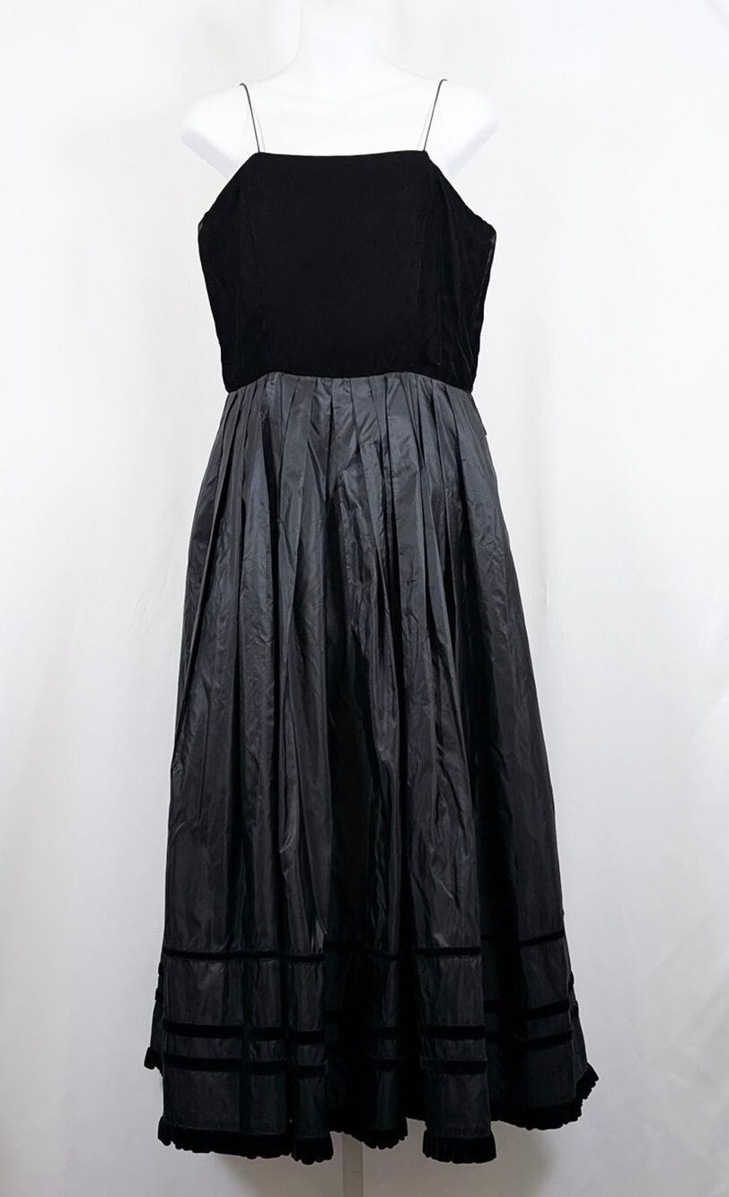 Vintage 80s Louis Feraud Dress Taffeta Black Velvet Silk Formal Women's Size 42